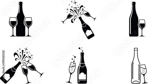 Champagne bottle and wine glass silhouettes with popping cork celebration icons set for festive party vector illustration