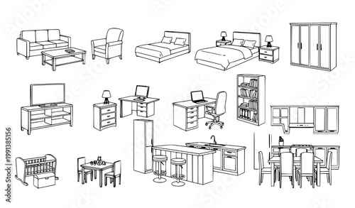Home furniture outline vector icon collection for interior design on white background