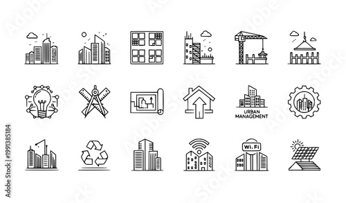 Modern urban planning line icon set for smart city infrastructure UI design on white
