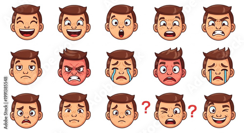 Collection of cartoon boy faces showing different emotions and expressions.