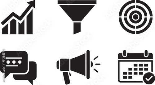 A collection of black and white marketing icons on a clean white background
