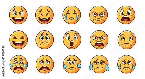 Collection of cartoon emoji faces showing various emotions.