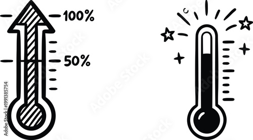 Hand drawn doodle vector illustration of two thermometers measuring performance up to one hundred percent, featuring an upward arrow and shining stars indicating maximum success.