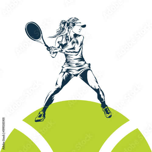 Illustration of a female tennis player in action,