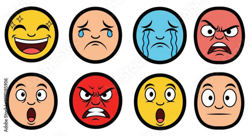 Collection of cartoon emotion faces showing various feelings and expressions.