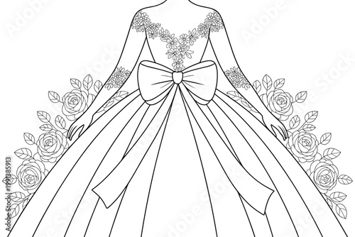 Fotografi legant Floral Bridal Gown Coloring Page Vector with Rose Frame for Wedding Fashi