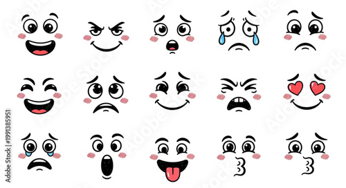 Collection of Cartoon Faces Expressing Various Emotions.