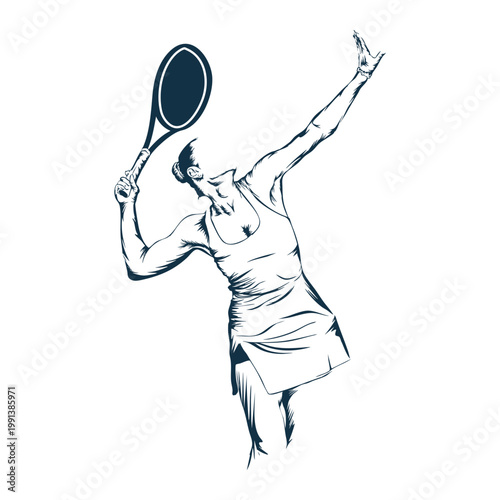 Illustration of a female tennis player executing a serve. The artwork is monochrome, using dark blue lines. 