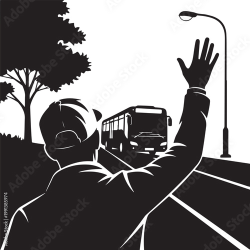 Hitchhiking, man silhouette, thumb up, roadside, black and white vector