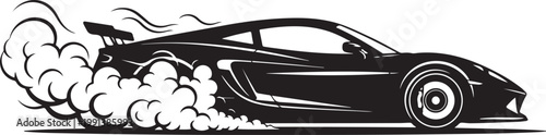 Black sports car vector, speeding car illustration, smoke trail graphics, racing design element