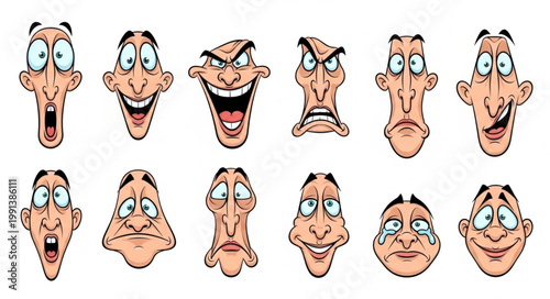 Collection of Cartoon Faces Expressing Various Emotions.