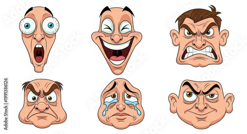Collection of Cartoon Faces Expressing Various Emotions.