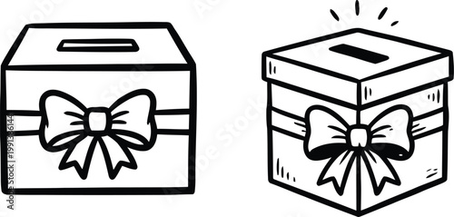 Vector line art illustration of a donation box featuring a coin slot and a decorative ribbon bow, concept for charity, giving, fundraising, volunteering, and philanthropy.