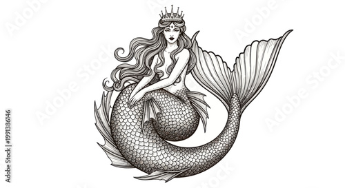 A beautiful mermaid with a crown sits on her tail in a black and white vector illustration design