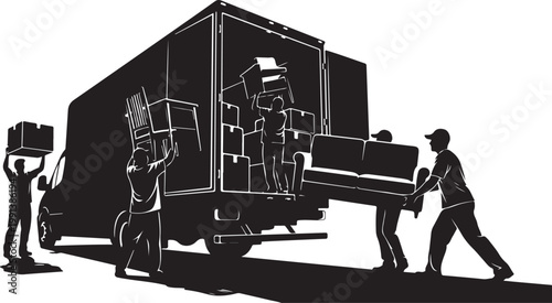 Moving, delivery, truck, workers, furniture transport, logistics vector