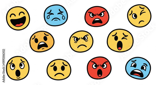 Collection of cartoon faces expressing various emotions and feelings.