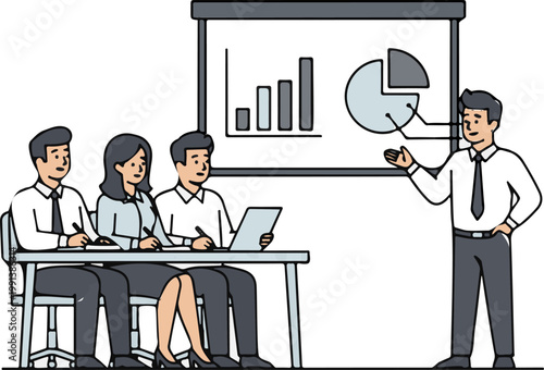 Business professionals attending a corporate presentation where a male speaker explains financial data and statistics to his attentive colleagues.