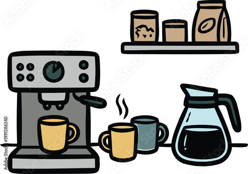 Hand drawn doodle style vector illustration of a coffee maker, espresso machine with steaming cups, glass carafe, and a shelf with roasted coffee beans.