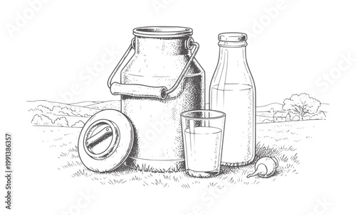 Vintage milk can bottle and glass grassy field with farm