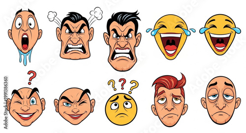 Collection of cartoon faces expressing various emotions and feelings.