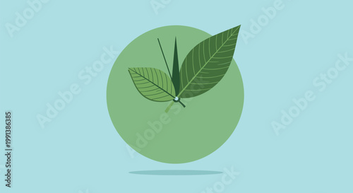 Conceptual clock with green leaves as hands on a round background.
