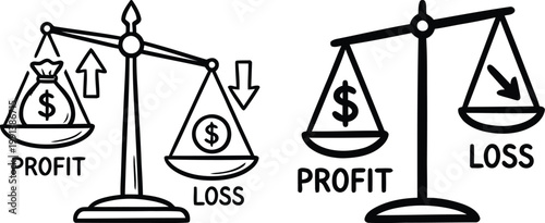 Set of hand drawn doodle icons showing business profit and loss on a balance scale with money bag and currency symbols for financial analysis and economic reporting