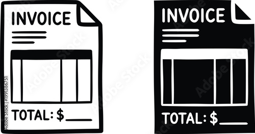 Black and white hand drawn doodle icons of a business invoice or bill with line items and total amount section for accounting and financial management purposes