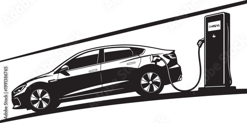 Electric car, charging station, eco friendly vehicle, sustainable transport, black and white illustration
