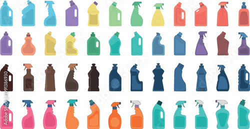 Cleaning bottles and spray containers collection with various shapes, household detergent packaging set vector illustration isolated