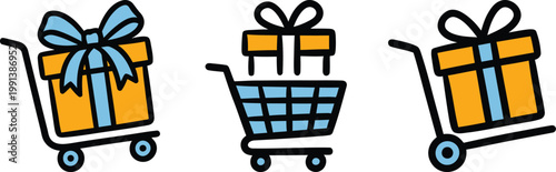 Set of three hand drawn icons for shopping and delivery featuring gift boxes inside baskets and on transport trolleys for retail commerce and logistics marketing.