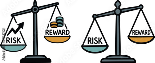 Risk and reward balance concept with scales of justice showing coins and profit arrows compared to potential loss in a professional business decision making illustration.