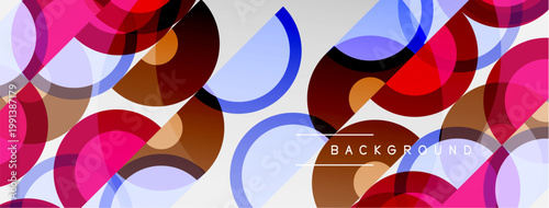 Abstract circles overlap, creating vibrant colorful pattern. Background features text background. Design feels modern, dynamic.