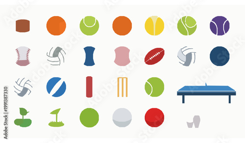 Flat Multicolor Sports Balls Icon Set in Grid Layout Isolated on White Background Vector Illustration EPS10