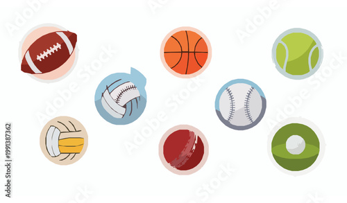 Circular Badge Style Multisport Ball Icons Collection Minimal Flat Vector Design on White Background EPS10