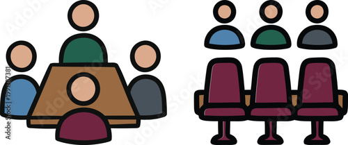 Set of hand-drawn vector icons featuring a professional business meeting around a table and a group of audience members sitting in theater chairs for a seminar or conference.