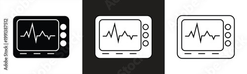 Heart rate monitor icon set with different line thicknesses. Medical equipment that displays electrocardiogram pulses on a screen. Vector illustration.