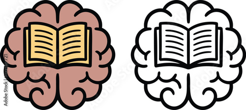 Human brain with open book icon set in doodle style representing knowledge intelligence and lifelong learning for education psychology and scientific research concepts