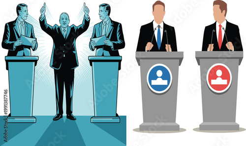 Vector illustration of political debate with podium speakers, moderator, opposing sides, communication, leadership, teamwork, and public speaking concept for business and politics