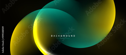 Abstract fluid shapes overlap, creating vibrant yellow, teal gradients. Dark background emphasizes luminous curves, modern design element.