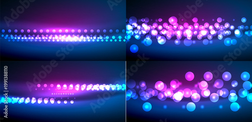 Abstract backgrounds feature vibrant blue, purple lights. Circles create dynamic patterns, suggesting energy, movement, depth. Modern design elements present.