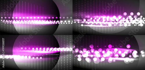 Abstract purple glowing lines, dots create dynamic background. Dark space emphasizes bright elements, modern design.
