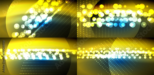 Bright golden light effects, bokeh, particles. Abstract background with glowing elements, dynamic composition. Dark backdrop enhances luminosity.