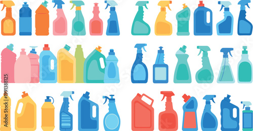 Cleaning product bottles collection with spray containers and household detergents, colorful hygiene supplies vector illustration set isolated