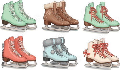 Vintage Ice Skates Collection Vector Illustration Set with Colorful Figure Skating Boots for Winter Sport and Holiday Season Designs