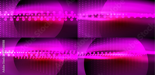 Abstract pink design. Repeating patterns, glowing dots, curved shapes create dynamic visual effect. Dark background enhances vibrancy.