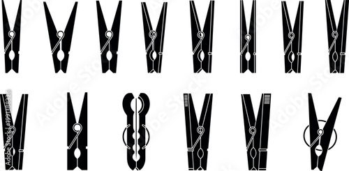 Clothespin silhouettes collection with various peg designs, laundry clips icons set isolated black vector illustration