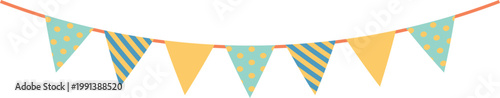 Colorful party bunting flags with polka dots and stripes isolated on transparent background