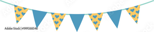 Blue and yellow heart pattern bunting garland isolated on transparent background