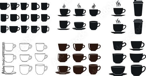 Collection of coffee cup silhouettes and colored mugs, tea cups and takeaway containers set isolated vector illustration