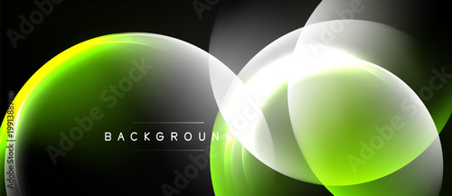 Abstract design features glowing shapes, vibrant green hues, white overlays. Dark background enhances luminosity, creating modern visual effect.